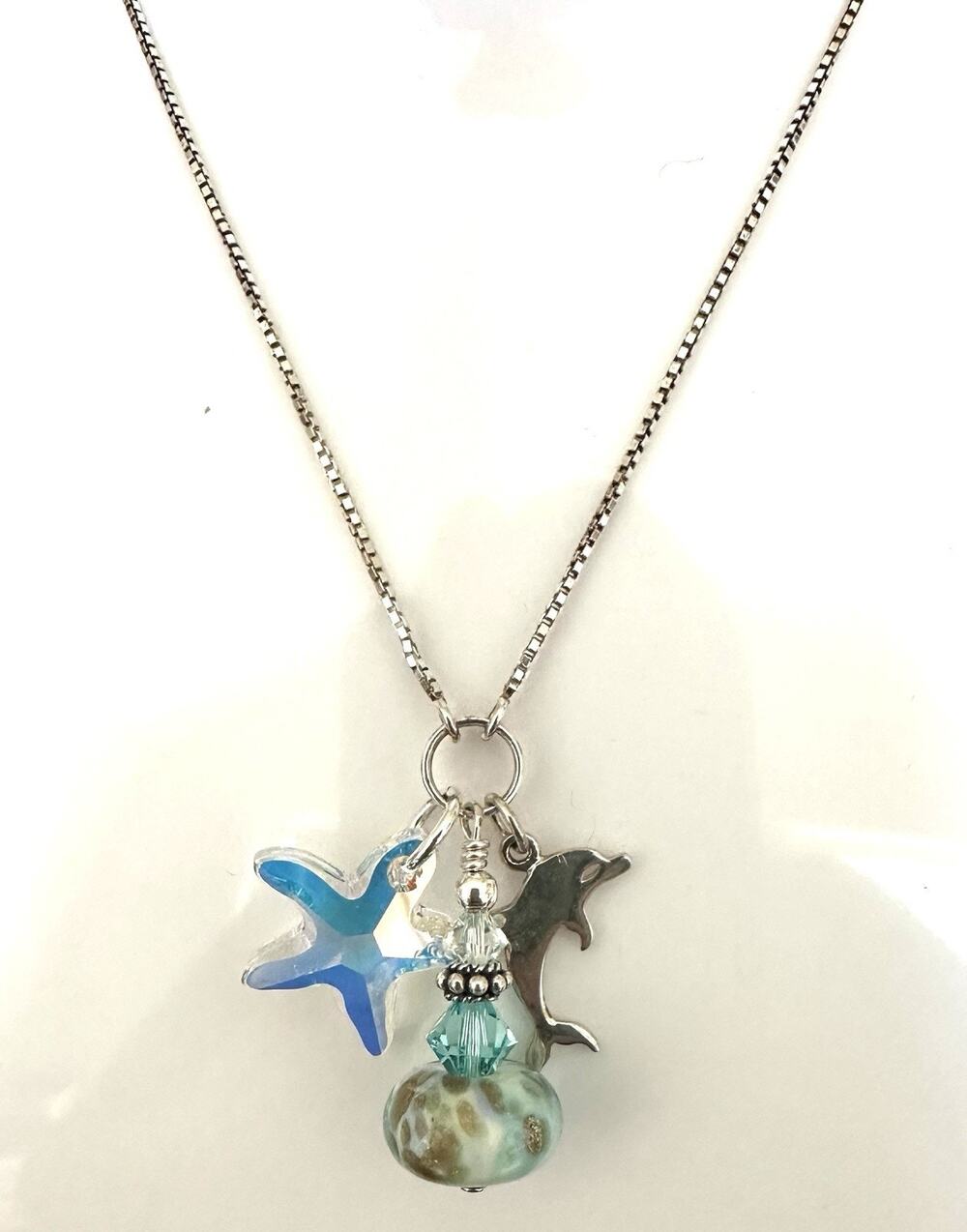 Sterling Silver Adjustable 3 Charm Necklace Aurora Star Dolphin Sea Green Bead